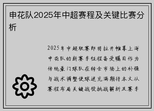 申花队2025年中超赛程及关键比赛分析